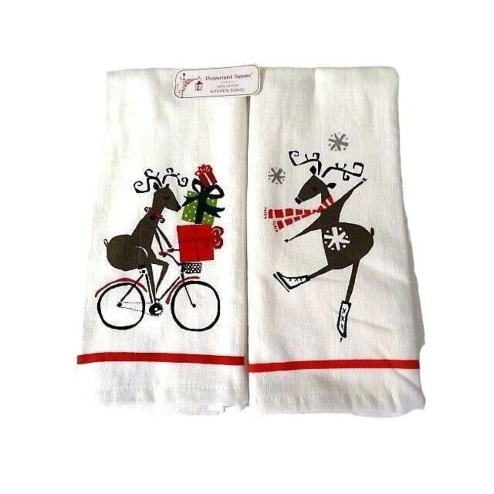 Peppermint Square Kitchen Towels Ice Skating Deer and Bicycle 2-Pc Holiday Gift